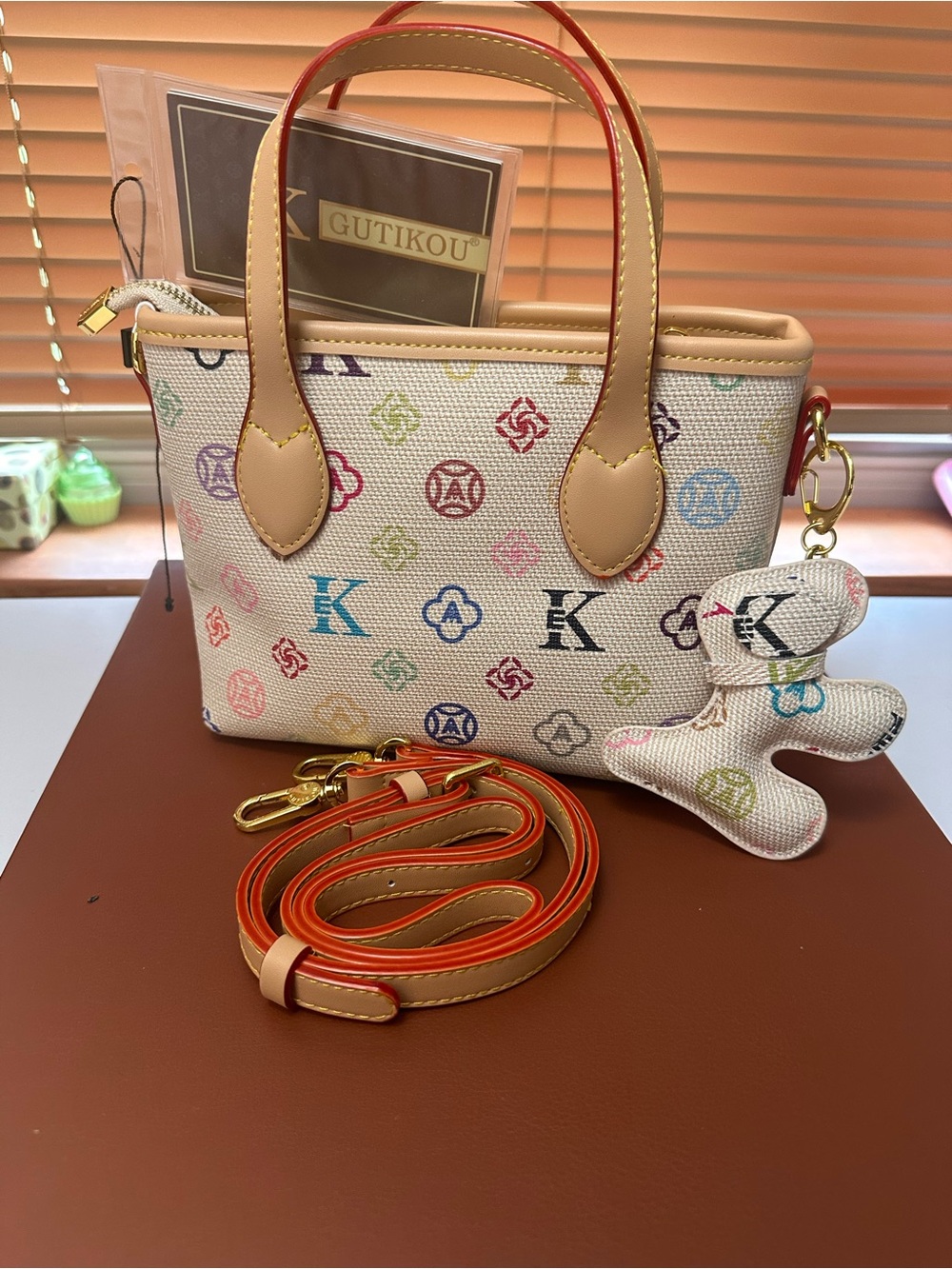 Multicolor Logo Print Tote with Beige Trim and Bear Charm